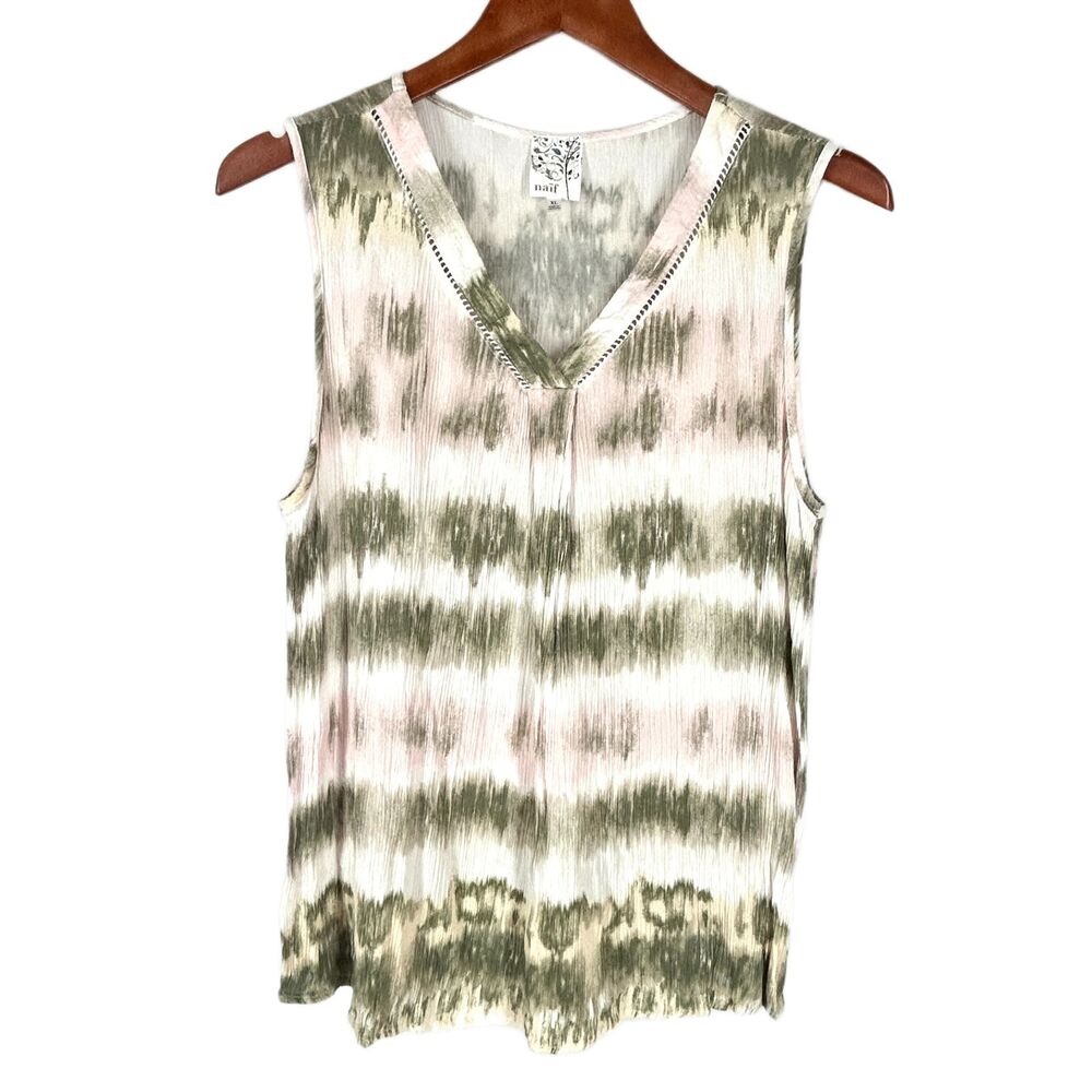 Naif Tie Dye Top XL Olive Green White Pink Crinkle Fabric Crochet Edging V Neck